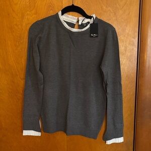 NWT Vila Milano Charcoal Gray Crewneck Sweater with White Ruffle Trim